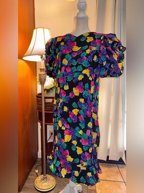Vintage 80s Liz Roberts Floral Puff-Sleeve Midi Dress Multicolor Large